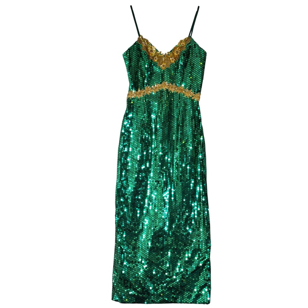 Vintage Alyce Designs Green Sequin Gold Embroidery Gown Maxi Dress Fits XS USA